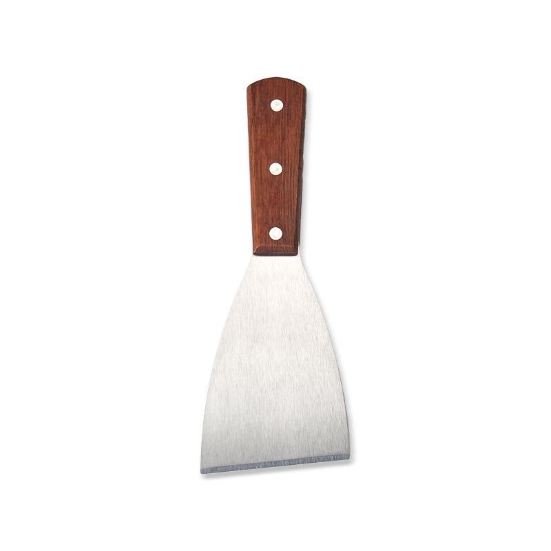 Three-Sided Beveled Stainless Steel Spatula with Wooden Handle - Ideal for Teppanyaki, Pancakes, and Cakes