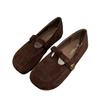 Korean Version of Retro Round Head Flat-bottomed Loafers for Women's 2025 Autumn and Winter New Suede Versatile and Thin Mary Jane Single Shoes F