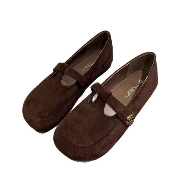 Korean Version of Retro Round Head Flat-bottomed Loafers for Women's 2025 Autumn and Winter New Suede Versatile and Thin Mary Jane Single Shoes F