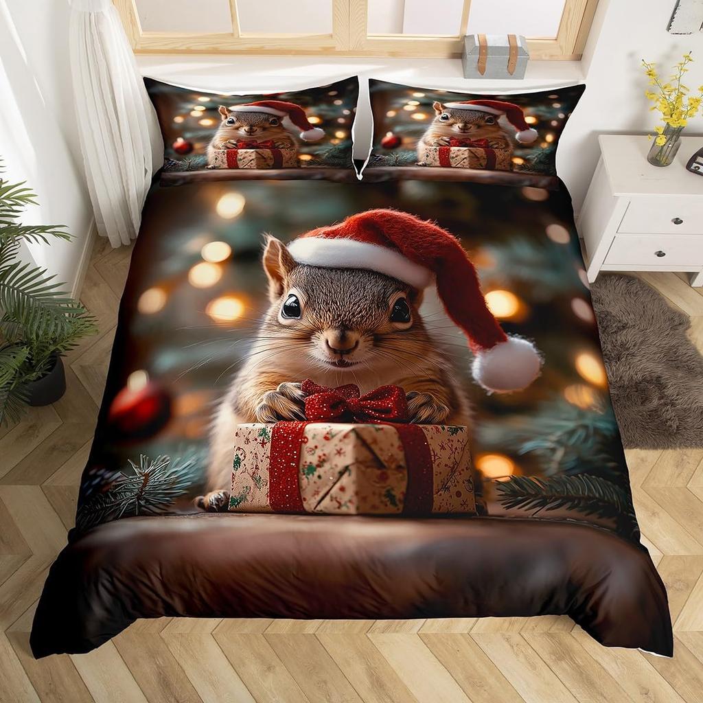 Cute Squirrel Duvet Cover Cherry Blossom Print Bedding Set for Boys Girls Thanksgiving Day Gift Cartoon Squirrel Comforter Cover