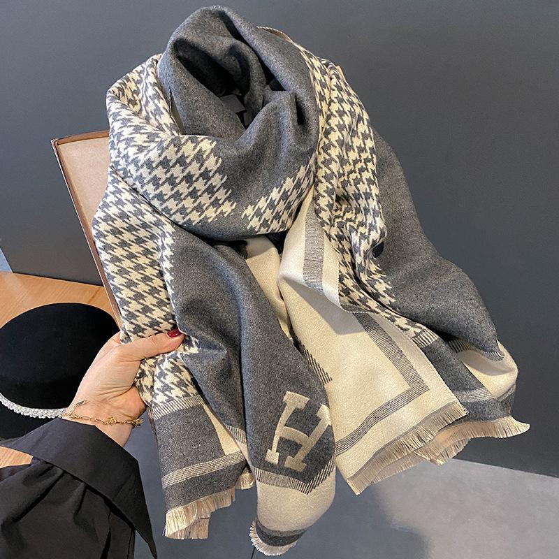 Korean-Style Houndstooth Faux Cashmere Scarf Shawl for Women - Thickened Double-Sided Winter Neck Warmer
