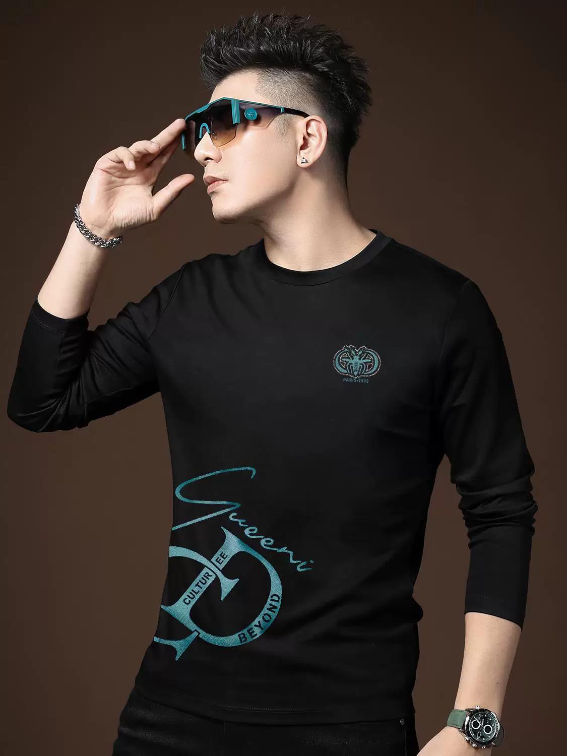 

2025 Autumn New Men s Round Neck Long Sleeve T-Shirt Trendy Brand Letter Print Base Shirt Casual Top Tee for Men L белый