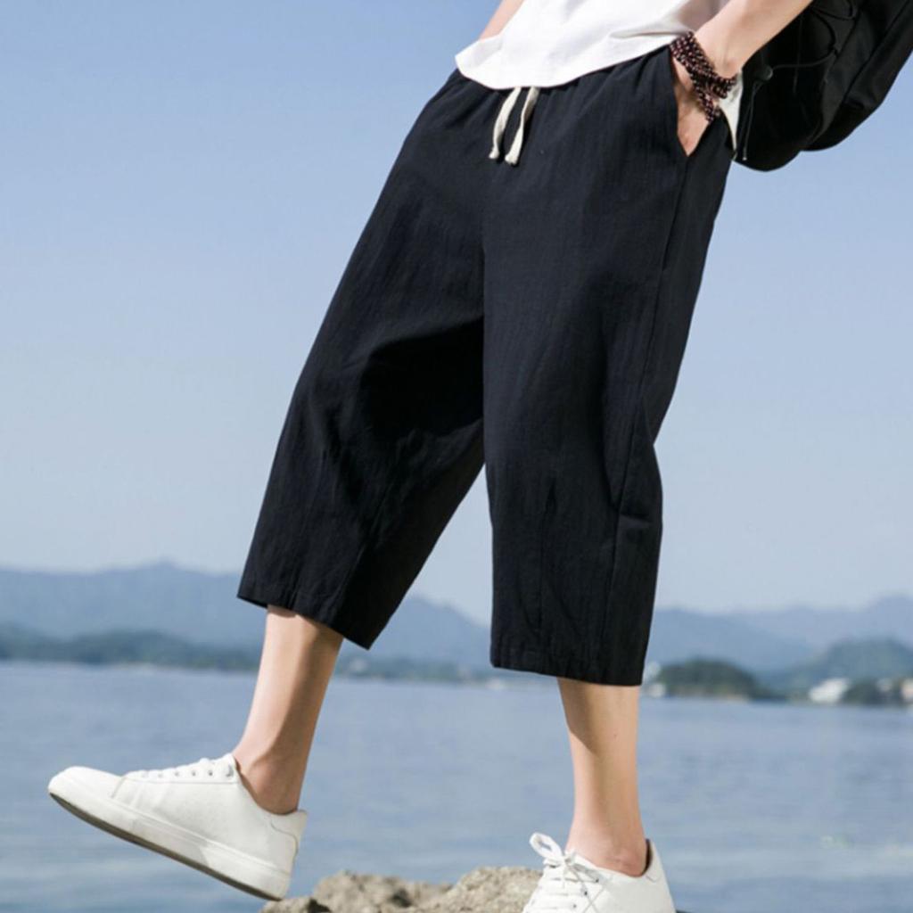 Men's Casual Color Cotton Linen Loose Cropped Pants Straight Linen Pants