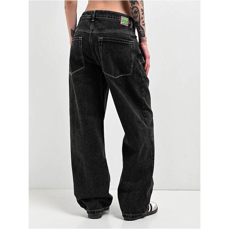 Original Single EMP * YRE Loiter High Waist Black Mineral Wash Embroider Contrast Color Stitching Loose Straight-leg Denim