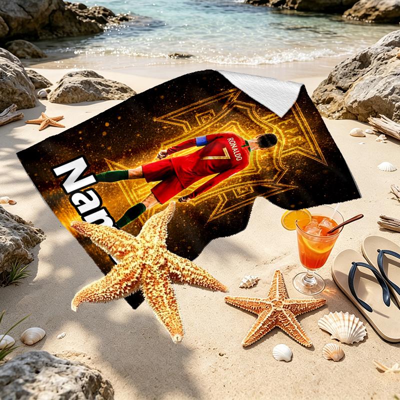 Custom Name Personalized Cristiano Ronaldo Print Beach Towel, for Trip Camping Beach Party Home Decor, Birthday Gift for Family & Friends
