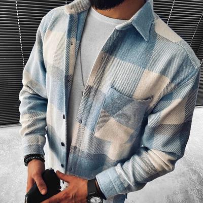 Printemps et Automne Nouvelle Chemise à Carreaux Bleus et Blancs à Manches Longues Décontractée Col Montant Poche Chemise pour Hommes