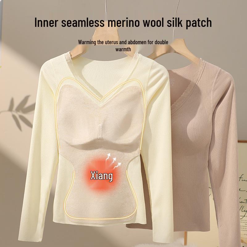Women's Thermal Underwear Set with Padded Top, Fleece-Lined for Fall/Winter, Wool-Silk Blend
