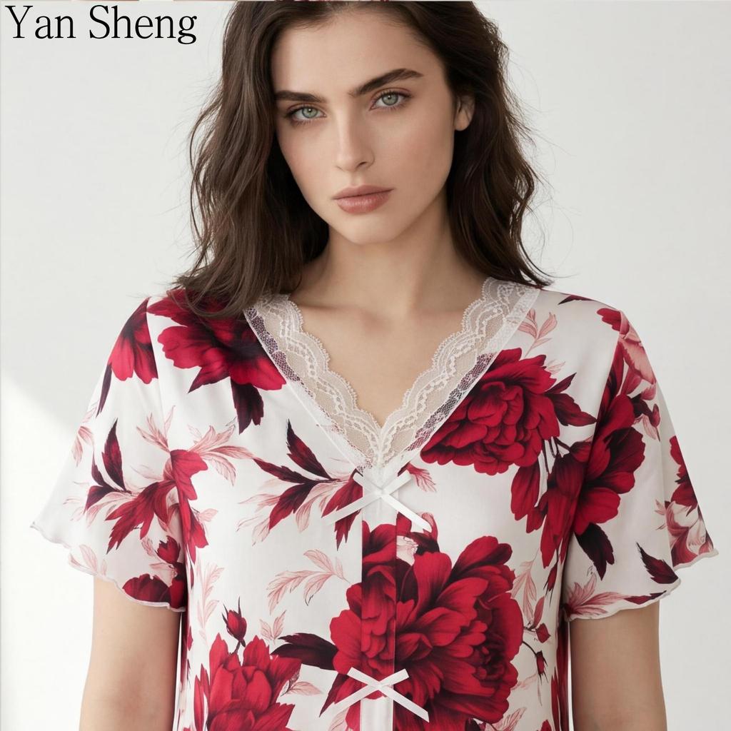 Vestaglia da Notte da Donna in Seta di Latte a Manica Corta con Scollo a V Lunga Ampia Sottile Loungewear Primavera Estate Abbigliamento per la Casa