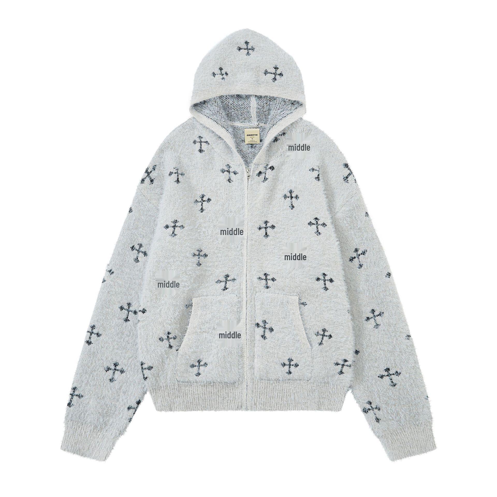 

OREETA Unisex American Street Jacquard Hooded Knit Cardigan - Soft and Cozy Sweater Coat M