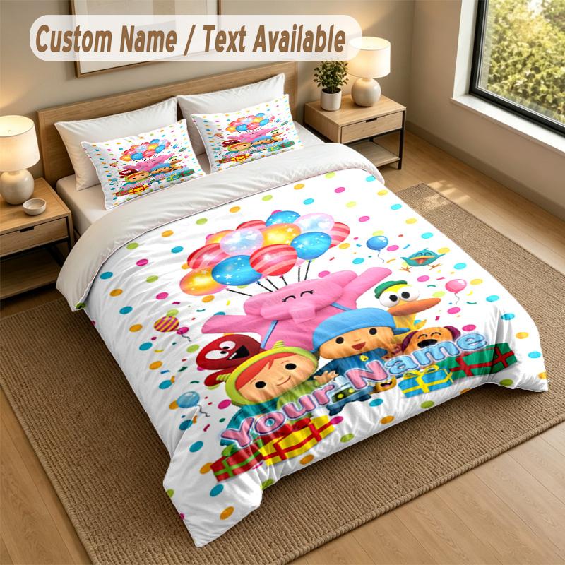 Set Biancheria da Letto 3 Pezzi con Testo Nome Personalizzato, Pocoyó 1 Copripiumino 2 Federe Morbido Lino da Letto Per Regalo
