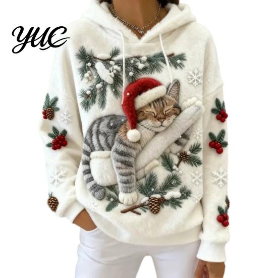 Winter Pullover Hoodie Damen Weihnachten Katze Aufdruck Hoodie, Übergroßes Langarm Sweatshirt, Tägliche Kleidung Sweatshirt Lässig Locker Kordelzug Kapuze