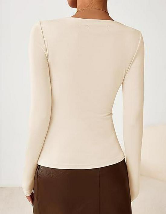 European V-neck Slim-fit Women's Long-sleeve T-shirt - Casual Solid Color, Spring/Autumn Fashion 2025.