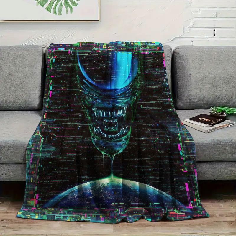 1Pc ArtAlien Print Flannel Blanket, High quality Comfortable for All Seasons, Warmth and Comfort, Perfect for Christmas Gifts