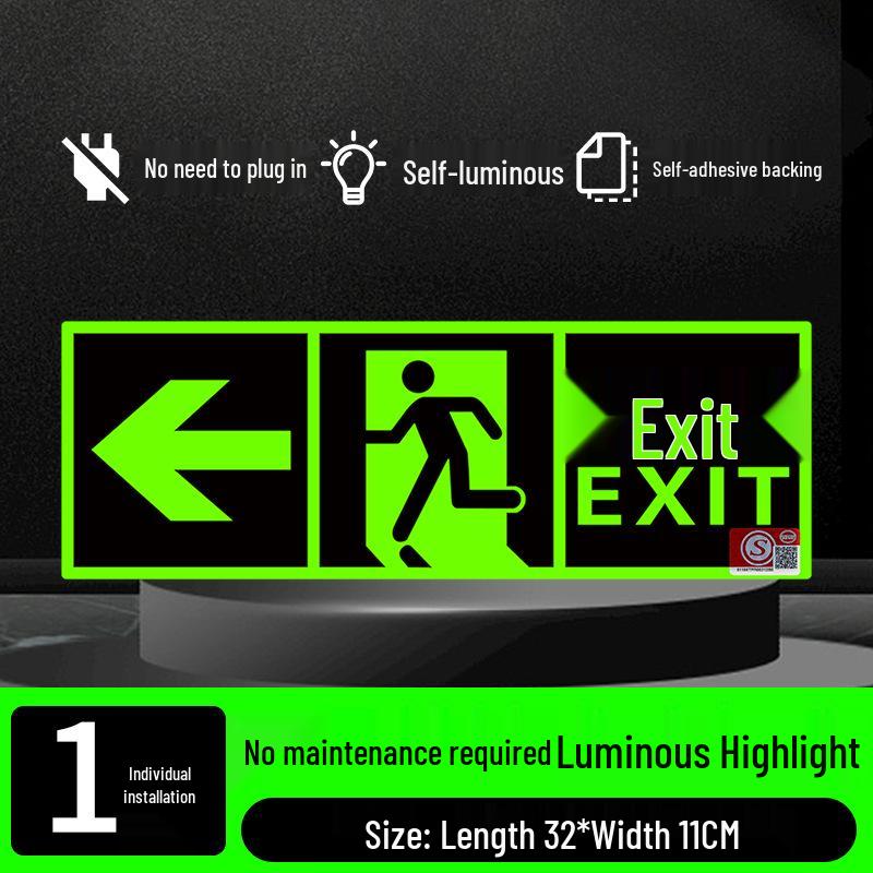 Fluorescent Fire Exit Sign - Self-Adhesive, No Wiring