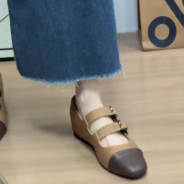 Sheepskin version~ Xiaoxiangfeng color matching small man inner height increase 5cm Mary Jane shoes French retro leather light mouth single shoes