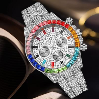 Blingbling Armbanduhr für Männer Luxus Farbe Diamant Kalender Quarzuhr Hip Hop Mode wasserdichte Mann Uhr