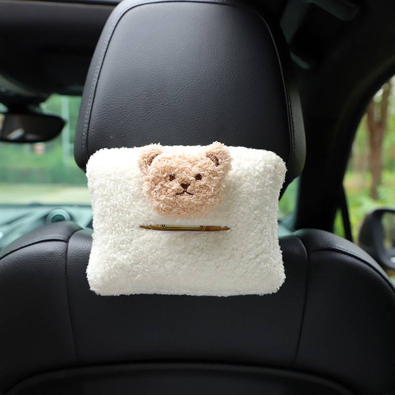Cute Cartoon Plush Bear Car Headrest Tissue Box Case Paper Tower Holder Auto Visor Hanging Organizer Styling Car Accessories