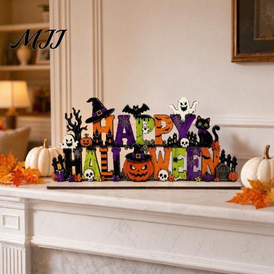 Halloween Tiered Tray Decor Happy Wooden Sign Ornaments with Pumpkin Ghost And Bat Elements for Stable Table Autumn Holiday Home Party Decorations
