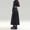 Vintage Autumn Winter New Skirts Women Solid Elastic High Waist Pleated Maillard Fashion A-line Slim Mid-length Pu Leather Skirt