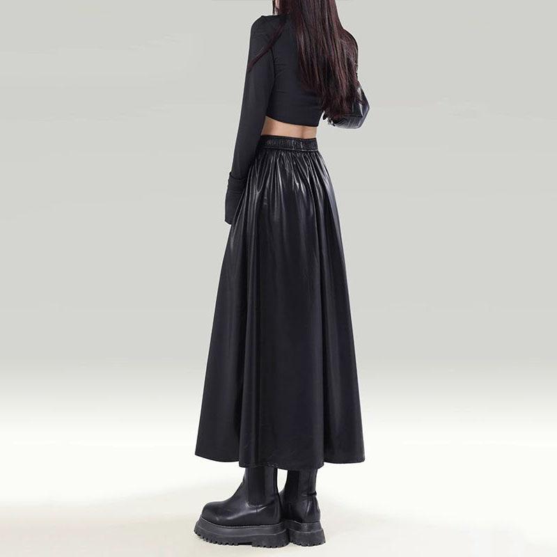 Vintage Autumn Winter New Skirts Women Solid Elastic High Waist Pleated Maillard Fashion A-line Slim Mid-length Pu Leather Skirt