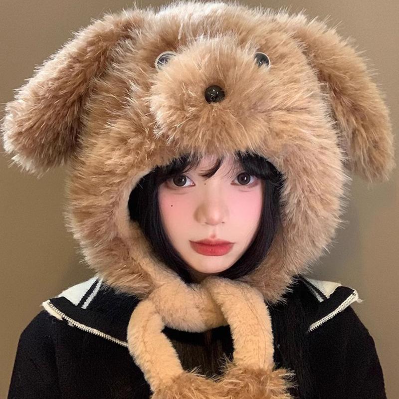 

Fluffy Thickened Plush Hat With Moving Puppy Ears Women Warm Thick Plush Winter Hat Ear Protector