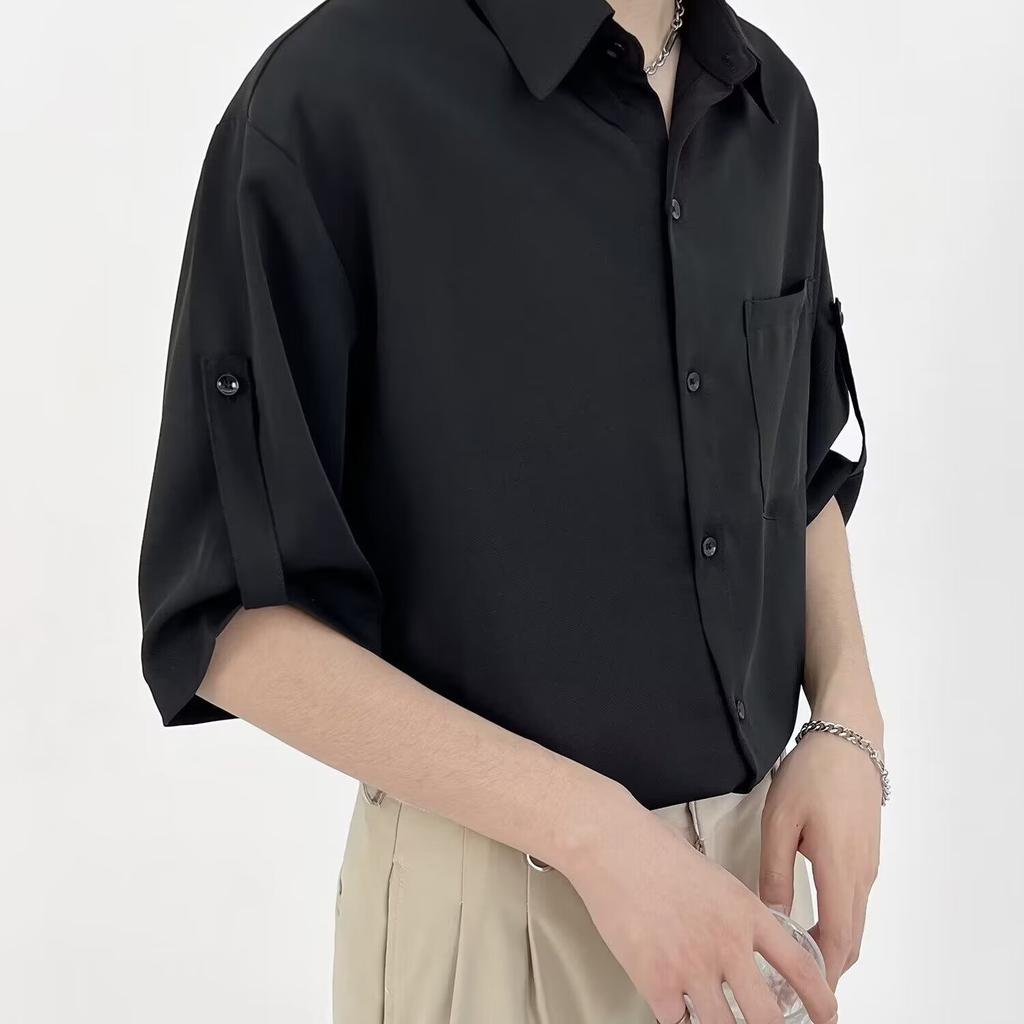 Hanging Five Quarter Sleeve Shirt For Men, Ice Silk Non Ironing Trendy Brand Top, Loose And Versatile Men'S Short Sleeved Shirt, Summer