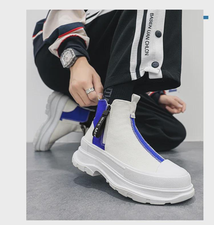Vyriški vasariniai kvėpuojantys aukštakulniai korėjietiško stiliaus madingi kasdieniai užtrauktuku drobės platforminiai batai