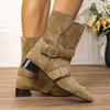 Fashion Buckle Belt Decor Thick Heels Ankle Boots Women Autumn Winter Pointed Toe Riding Boots Woman Slip On Faux Suede Booties