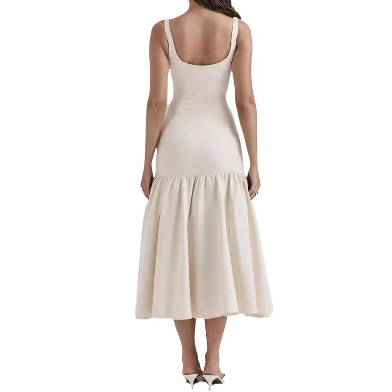 Pleated Slim Fit Dress Summer New Arrival Women's round Neck Sleeveless Pure Color Pleating Silm Dress