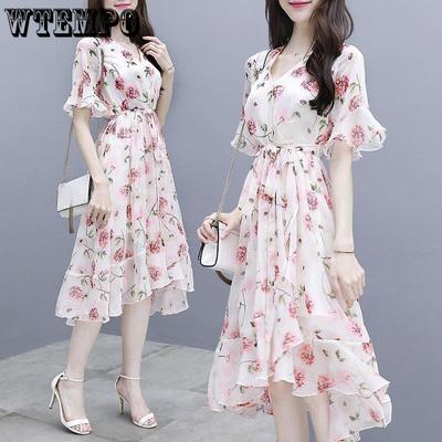 Damen Chiffon Bedrucktes V-Ausschnitt Kleid Schmal geschnittenes A-Linien-Sonnenkleid Mittellanger Strandrock Kurzarm Rüschenkleider