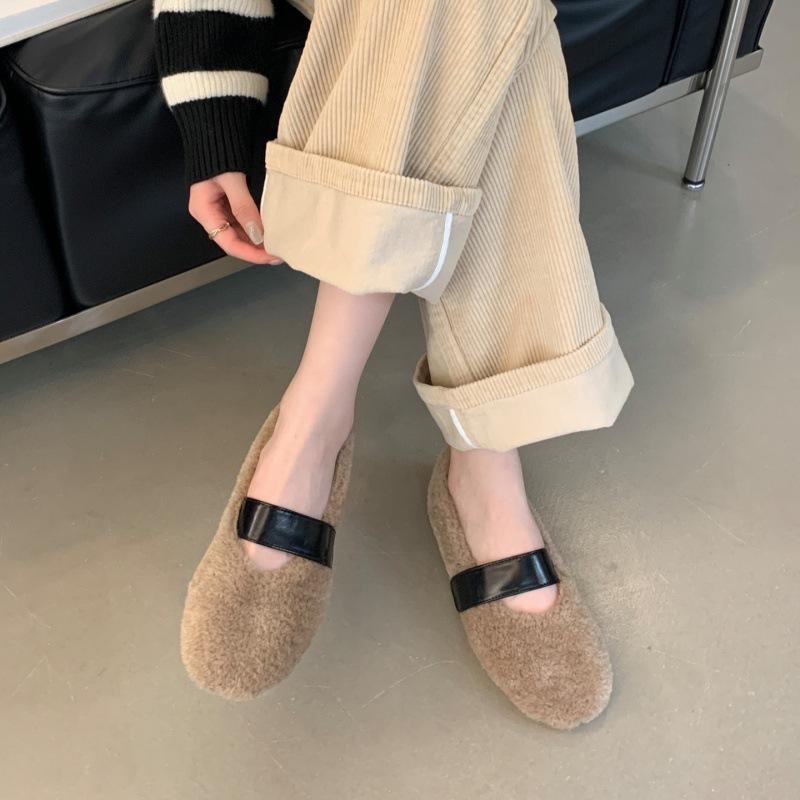 

Suding Home Осень-Зима Новая Мода Универсальные Туфли на Плоской Подошве с Ремешком на Одно Слово, Пушистые Теплые Одинарные Туфли, Туфли Мао Мао, Женская Обувь 40 абрикосовый