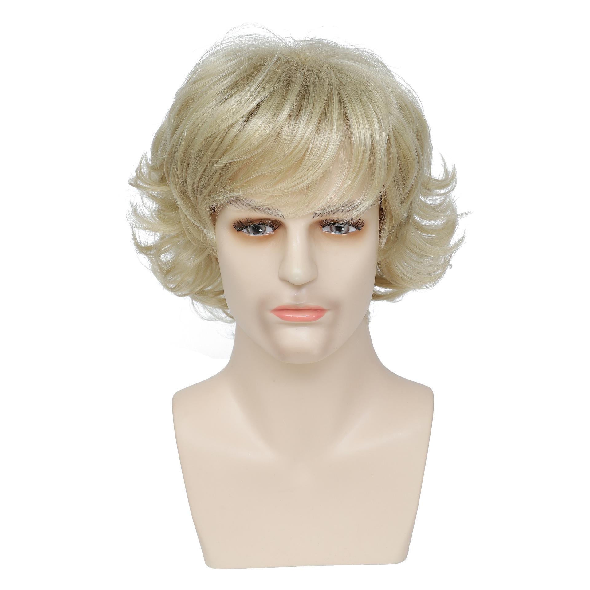 

Men Short Fluffy Curly Hair with Bangs Synthetic Light Blonde Wigs for Male Daily Cosplay Party Heat Resistant Fibre света блондинка