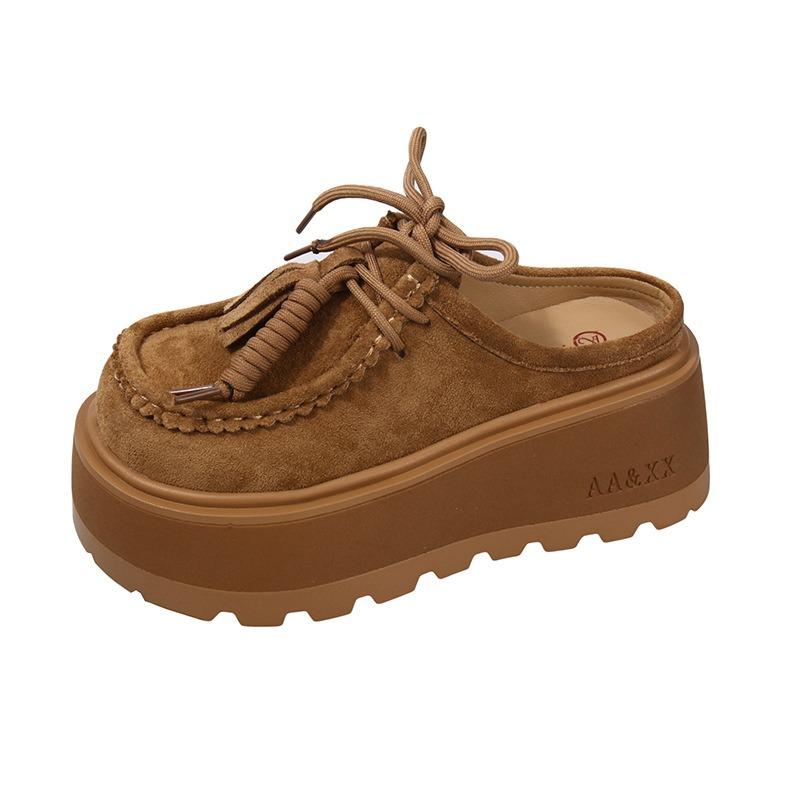 Leather Women's Baotou Half Slippers, Wear Autumn New Muffin Thick Sole Height Increase Small Women's Shoes