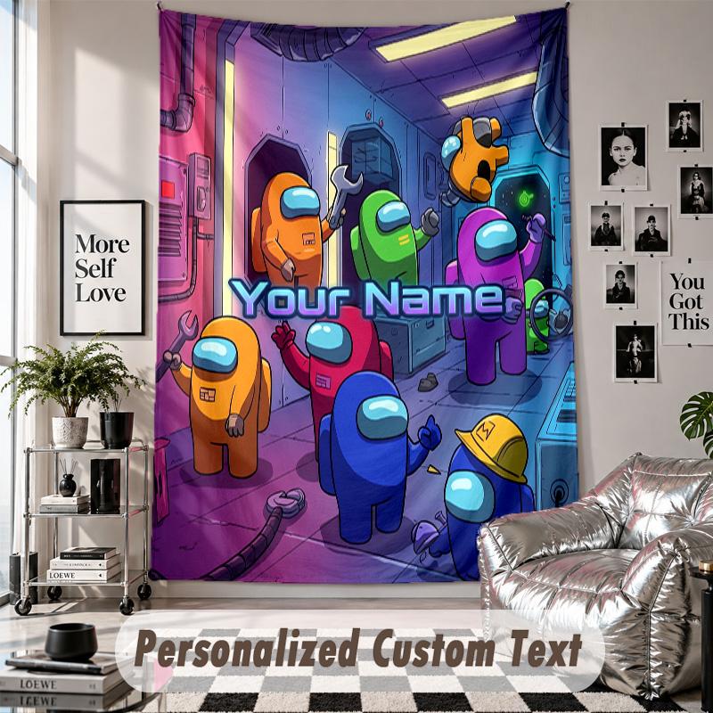 Wall Hanging Tapestry With Custom Name & Text, Among Us Decorative Tapestry For Bedroom