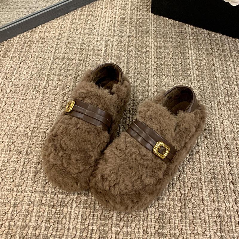 Fluffy Warm Fluffy Shoes for Women's 2025 New Winter Thick-soled Belt Buckle, Fleece Warm One-pedal Cotton Shoes