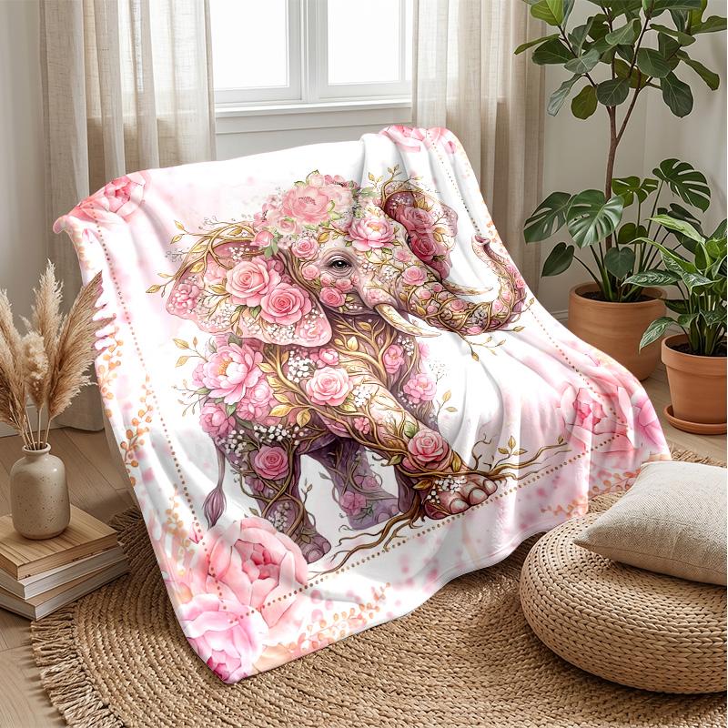 Pink Floral Elephant Card Theme blanket Lightweight Warm Flannel Blanket Decorative Throw Blanket for Home Decoration