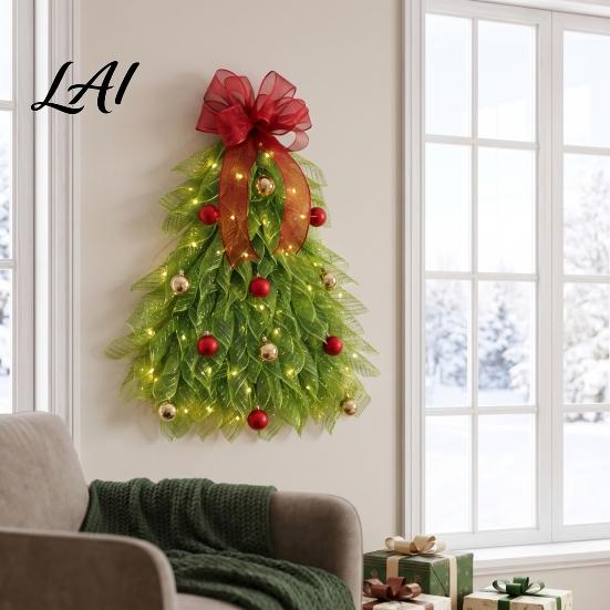 Christmas Tree Door Hanger Handmade Wreath for Front Door Xmas Shaped Teardrop Swag Holiday Decor with Light Hanging Bow And Berries Home Wall Gift