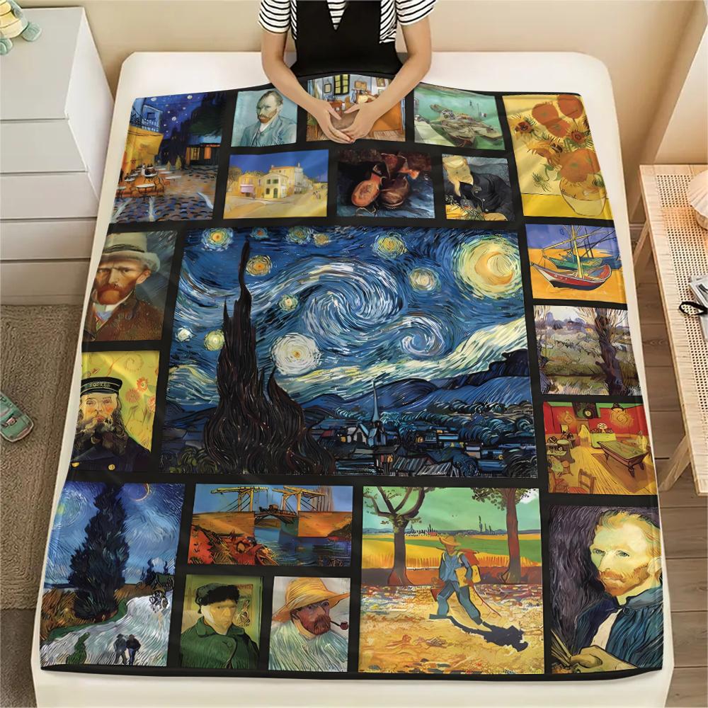 1Pc Van Gogh Painting Print Flannel Blanket, High Quality Comfortable for All Seasons, Home Decor, Warmth and Comfort, Perfect for Christmas Gifts