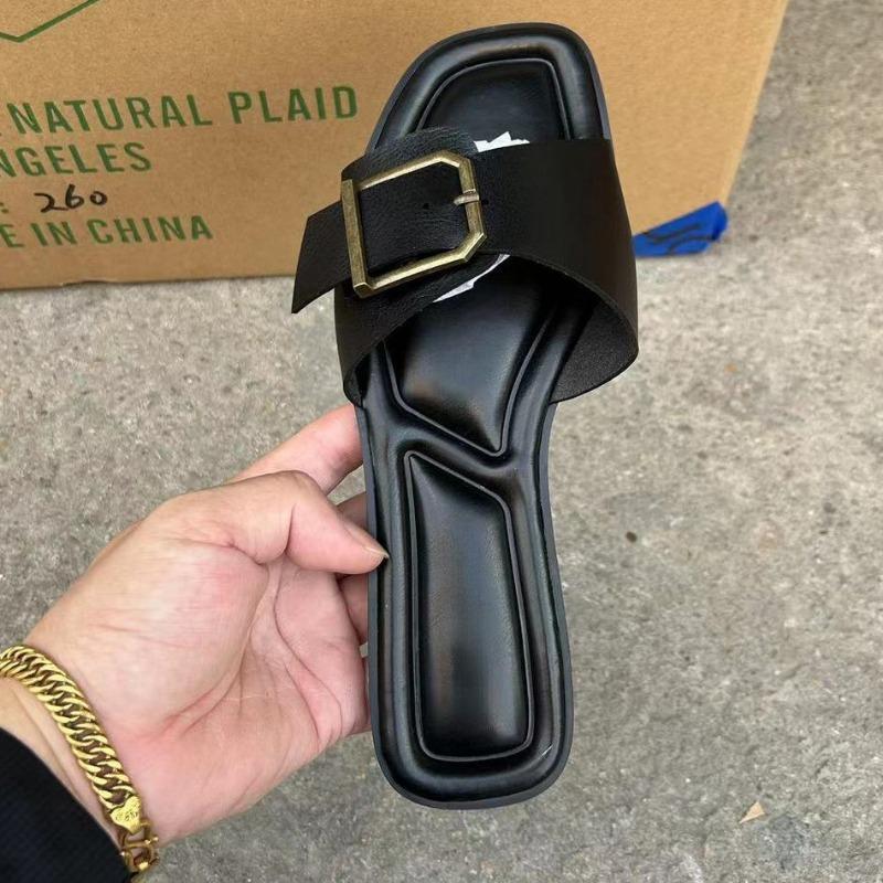 Fashion Buckle Decoration Women's Slippers 2024 Summer Flat Bottom Beach Casual Shoes Female Footwear Brand Design Soft Leather Slides