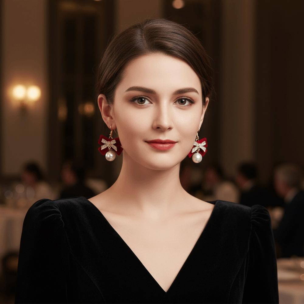 Rhinestone Bow Choker Zinc Zinc Alloy Velvet Collar Necklaces Exquisite Bowknot Earrings  New Year