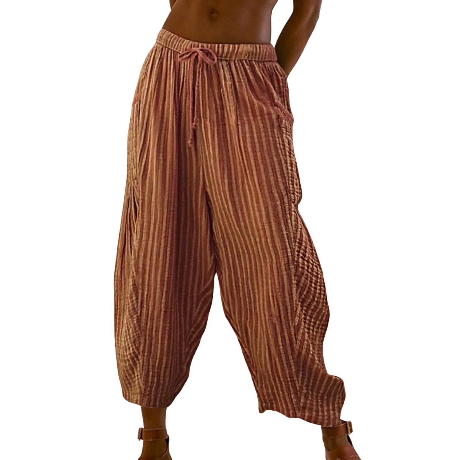 Women s Fashion Striped Straight-Leg Elasticated Waist Cropped Pleated Casual Trousers XXL