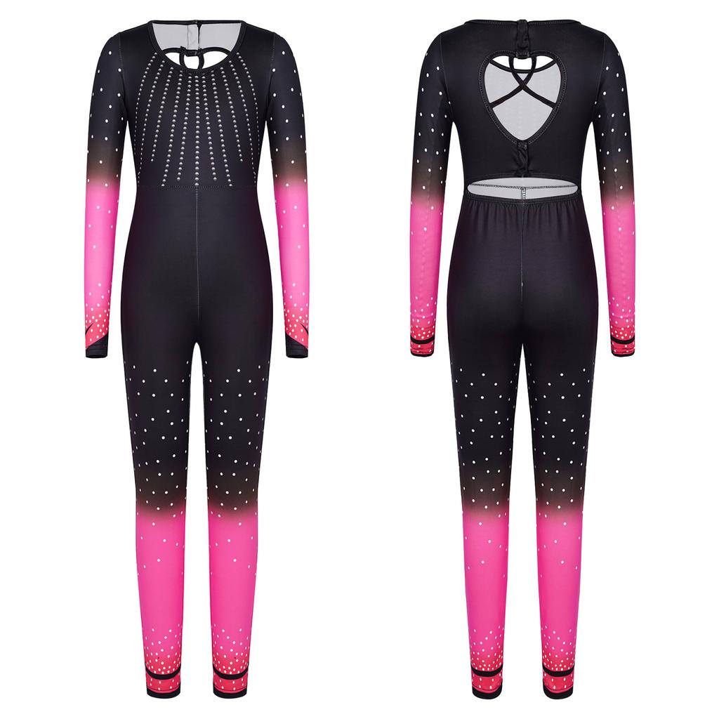 Girls Long Sleeve Cross Cutout Back Yoga Sports Bodysuit Dance Unitard Kids Full Length Dots Print Rhythmic Gymnastics Jumpsuit