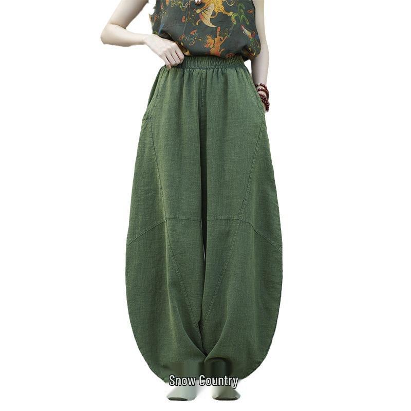 Women's Retro Ramie Sand-Washed Distressed Loose Lantern Pants for Meditation and Tai Chi