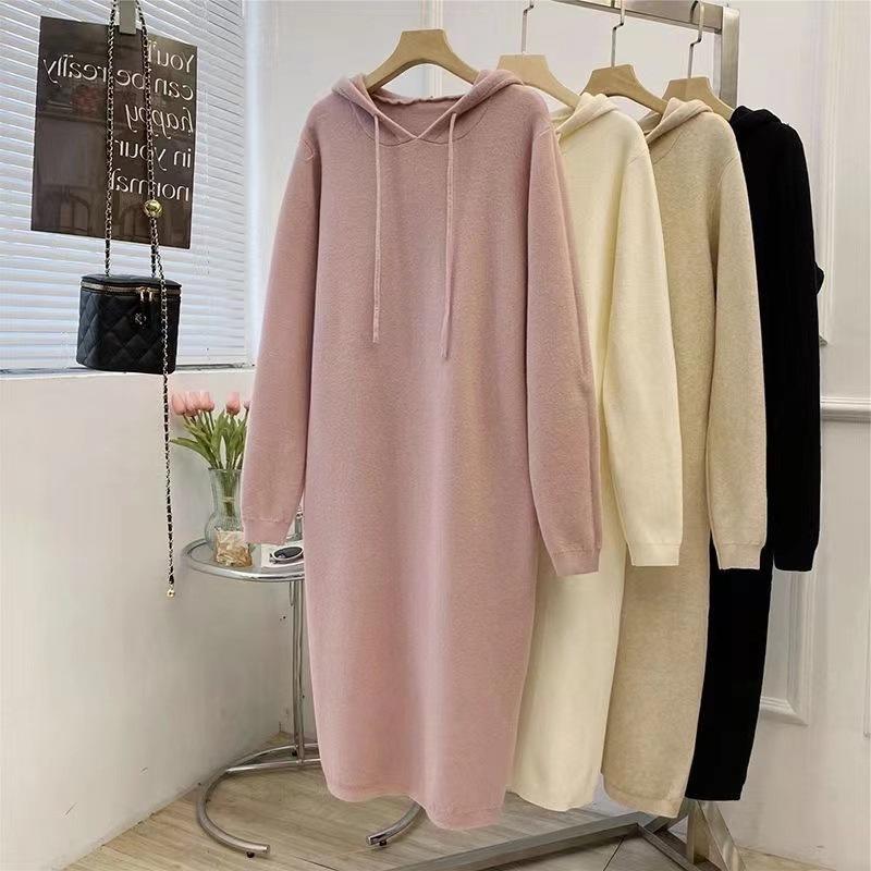 Long Knitted Hooded Dress Women's Loose New Sweater Skirt Autumn and Winter with Coat, Thin Inside