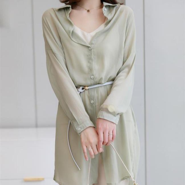 Sunscreen Clothing for Women Summer Thin Chiffon Cardigan with Long Sleeves Draped Over A Shawl Medium Length Shirt Collar Jacket