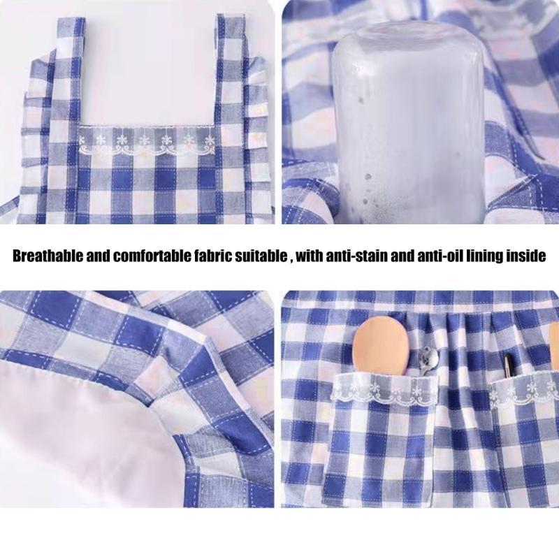  Stainprevent Blue Checkered Work Apron with Sleeve Protections Polyester Cotton Apron For Kitchen and Catering Services