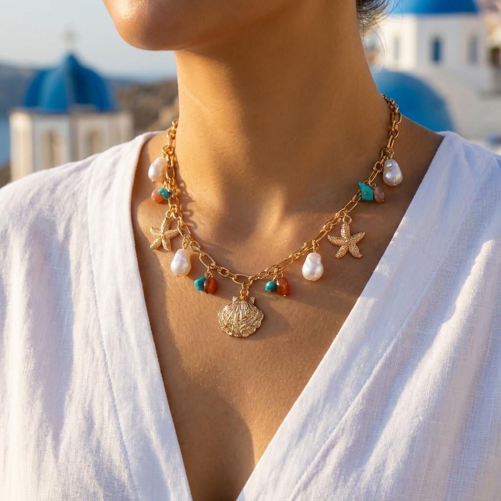 Boho Baroque Imitation Pearl Necklace with Starfish Conch Coin Pendant Choker for Women Beach Vacation Party Jewelry Gift