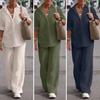 Completo due pezzi da donna per l'estate Taglie forti Cotone Lino Camicia monopetto Pantaloni Casual Top Ampio Gamba Pantaloni larghi Completi comodi