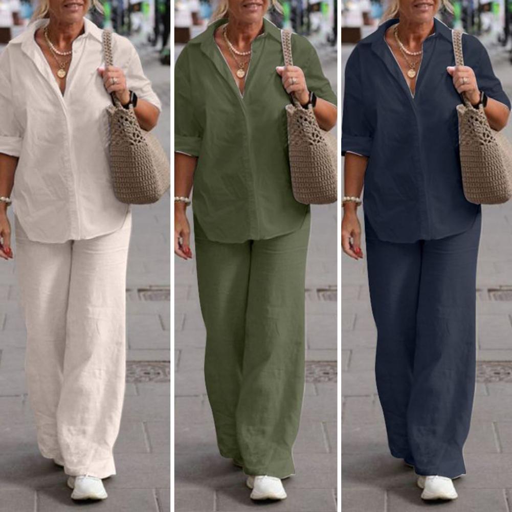 Completo due pezzi da donna per l'estate Taglie forti Cotone Lino Camicia monopetto Pantaloni Casual Top Ampio Gamba Pantaloni larghi Completi comodi
