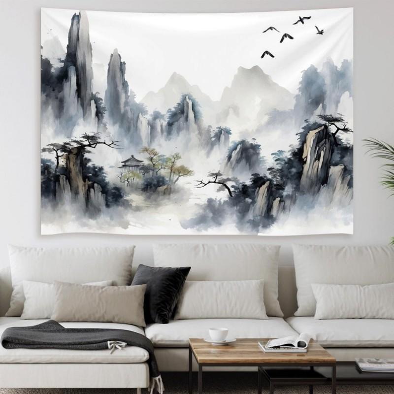 Chinese Ink Mountain Tapestry Polyester Wall Hanging Aesthetic Landscape Tapestry for Bedroom Room Decoration 100X70CM